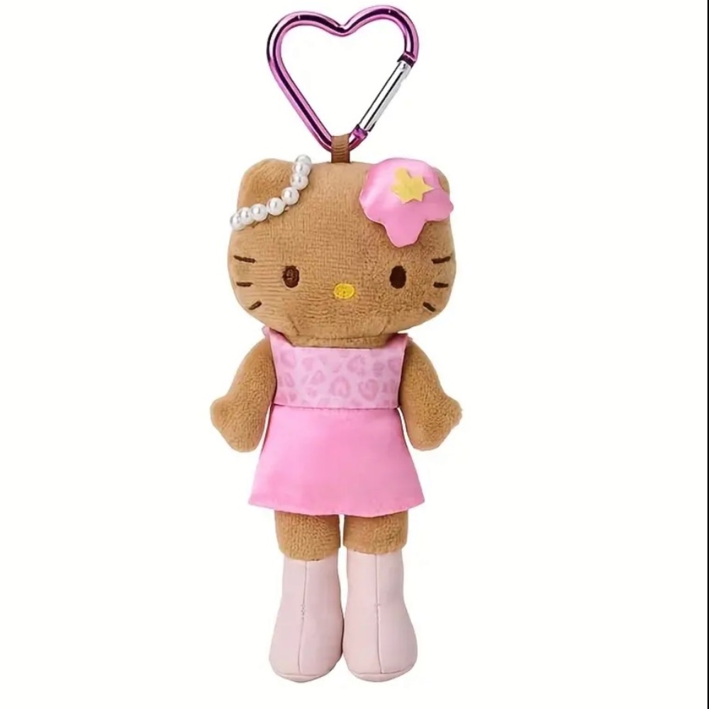 Hello Kitty Plush Pink Leopard Cheetah Dress Gem Accent Bag Charm HeartKeyChain